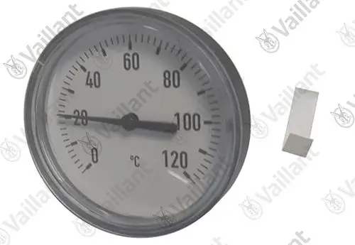 Vaillant Thermometer mit Skala von 0 bis 120 °C, abgebildet mit einem weißen Halter. Gerät zeigt die Temperatur an, geeignet für Heizungsanlagen.